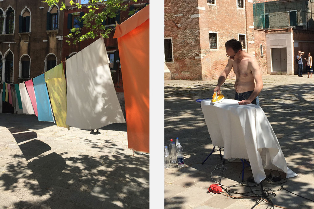 Ironing sheets in a Venetian campo: part of &ldquo;Salon Suisse: S.O.S. Dada &ndash; The World Is A Mess&rdquo;.