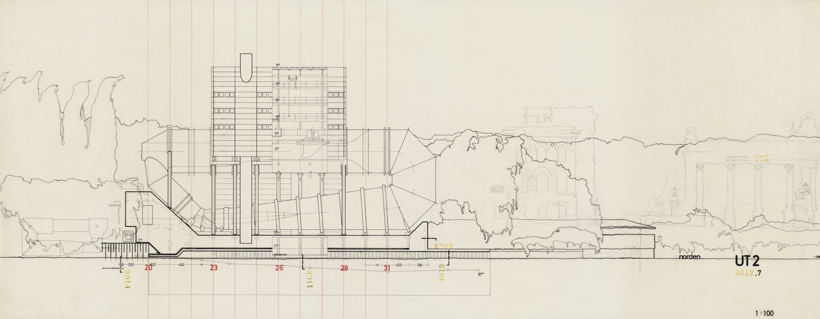 In many of his drawings, Leo also pictures the surroundings to his buildings, showing how closely he developed them within their context. (Drawing of the Circulation Tank: Ludwig-Leo-Archiv in der Akademie der K&uuml;nste, Berlin &copy; Morag Leo)