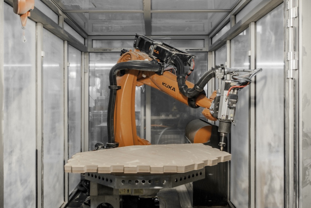 Robotic fabrication of the plywood plates for the Landesgartenschau Exhibition Hall, 2014... (Photo &copy; ICD/ITKE/IIGS University of Stuttgart)