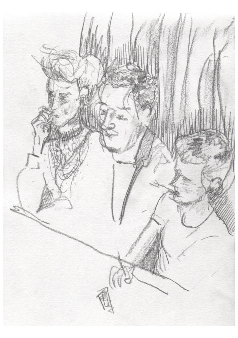 Debate shakers: Maria Smith and Phineas Harper of Turncoats, alongside debate chair, Charles Holland. (Illustration by Chloe Spiby Loh)
