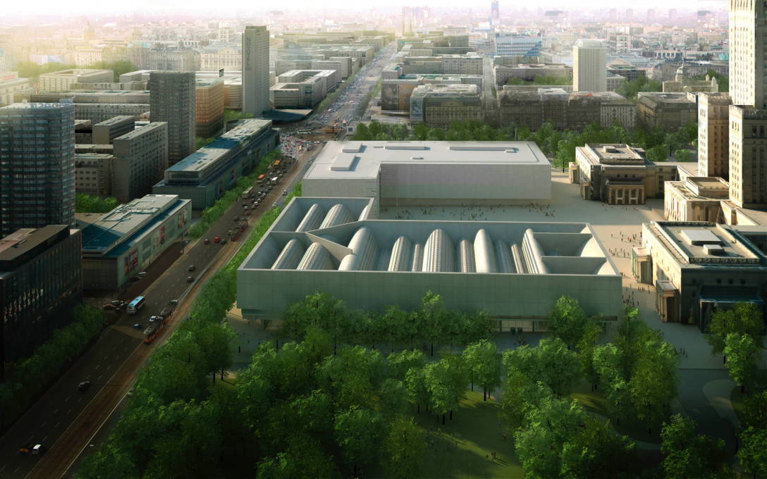What could have been: Christian Kerez&rsquo; design for a new museum building on Warsaw&rsquo;s Plac Defilad. The view is looking south with the Palace of Science and Culture to the right side. (Image: Christian Kerez)