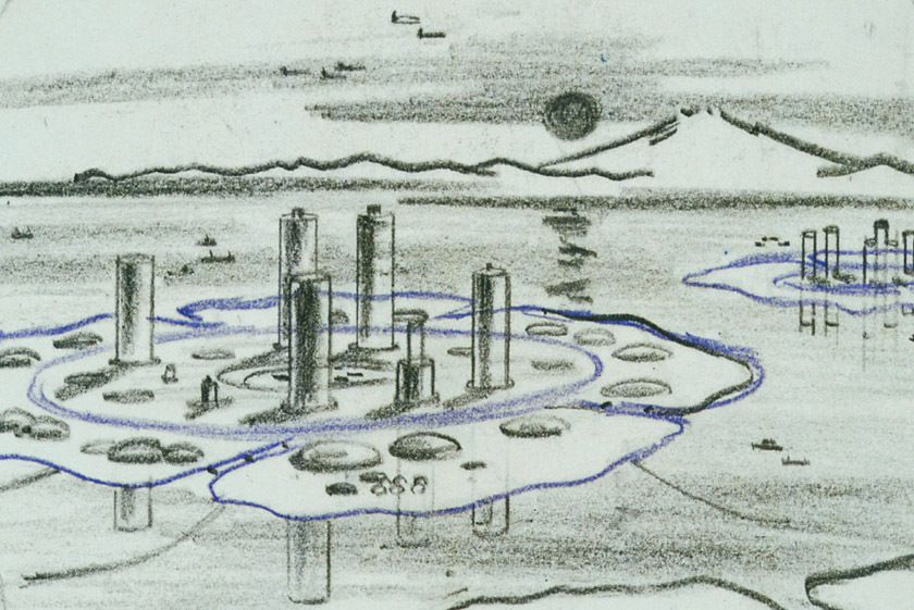Kiyonori Kikutake, "Marine City, Unabara," Sketch, 1960. (Photo: www.archimaera.de)