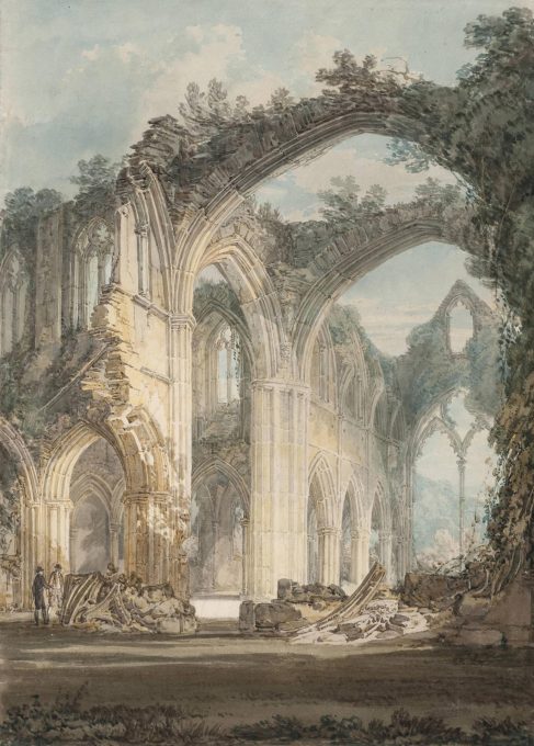Silvery visions of decay-as-delight: Joseph Mallord William Turner&rsquo;s &ldquo;Tintern Abbey: The Crossing and Chancel, Looking towards the East Window&rdquo;, 1794. (Photo: Tate, Accepted by the nation as part of the Turner Bequest 1856)