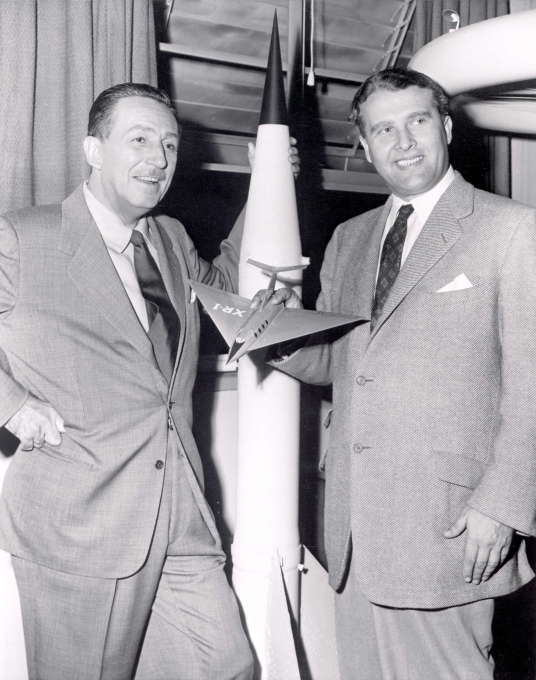 Tainted love: von Braun posing with Walt Disney (left) in front of a model of the V2 rocket at Redstone Arsenal, Alabama, in 1954... (Image: NASA archive / Wikimedia Commons)