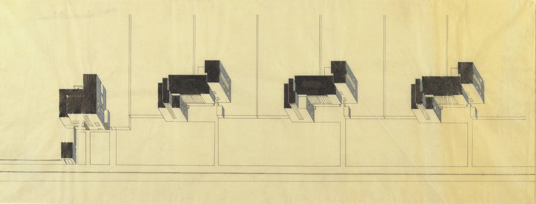 Gropius&rsquo; isometric design drawing of the Masters&rsquo; Houses. House Gropius, the largest is on the left, the others being six semi-detached houses in three blocks: Moholy-Nagy/Feiniger, Muche/Schlemmer, Kandinsky/Klee. (Drawing: Walter Gropius)