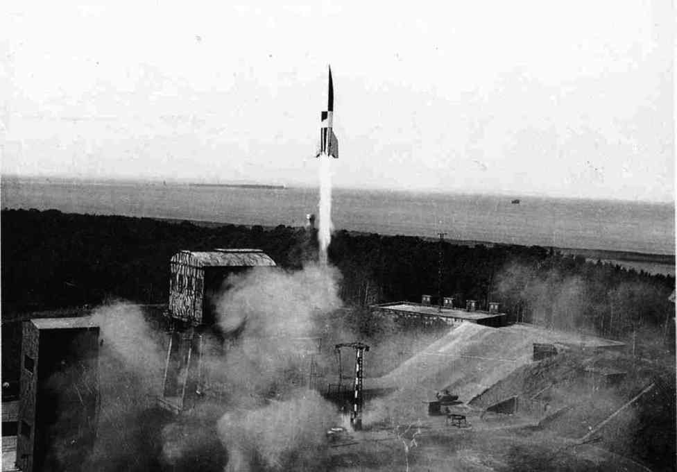 One of the more than 3,000 V2 launches at Peenem&uuml;nde between 1942-45. The weapon provided a technological first step in what later became the space race. (Image: German Federal Archive / Wikimedia Commons)
