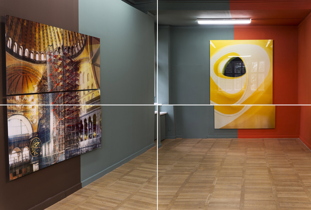 View of&nbsp;Sauerbruch Hutton&rsquo;s colour installation for Ola Kolehmainen&rsquo;s exhibition at the Haus am Waldsee, 2014, with his works &ldquo;Hagia Sophia year 537 V&rdquo;, 2014 and &ldquo;Alchemy&rdquo;, 2010. (&copy; Ola Kolehmainen)