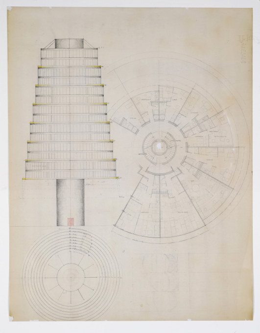 Heinz Rasch: Design for a Suspended House, undated (circa end 1950s). Pencil, coloured pencil on blueprint on paper. (&copy; Deutsches Architekturmuseum, Frankfurt am Main)