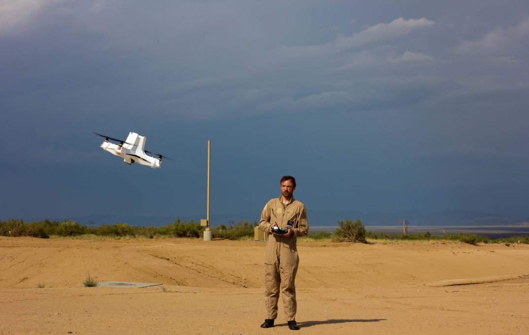 Portrait of Liam Yoiung 2012, flying his drone with nomadic research studio Unknown Fields at the Virgin Galactic Spaceport, Nevada. (Photo: Jonathan Gales)
