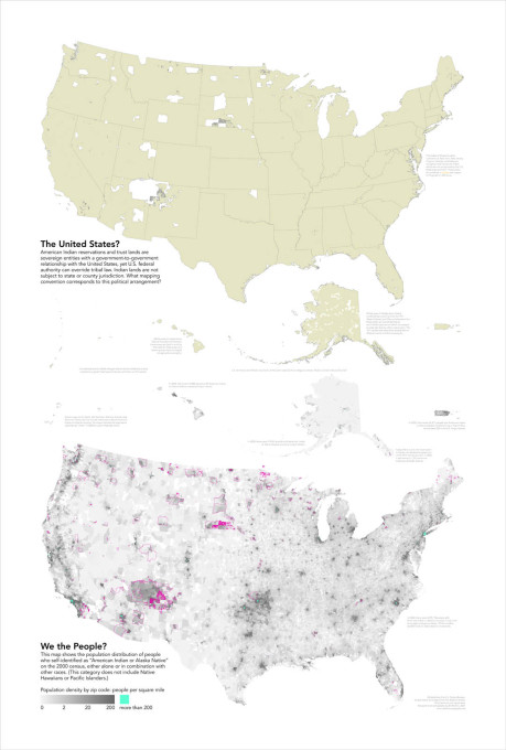 The white areas show Native American reservations and land trusts. The second map shows the population distribution of people who self-identified as&nbsp;&ldquo;American Indian or Alaska Native&rdquo; on the 2000 census.&nbsp;(Map: Bill Rankin)