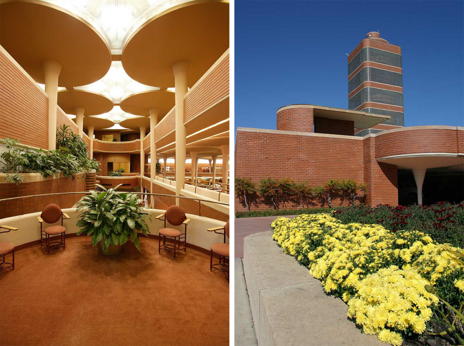 Left: Interior view of the Mezzanine in the Administration Building, c. 1980s. Right: Exterior of Administration Building and Research Tower.